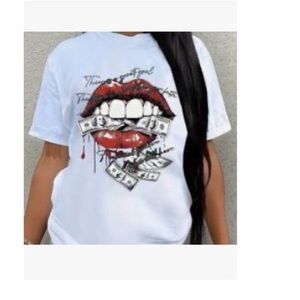 Women's White Graphic Tee with Red Lips & Money Design